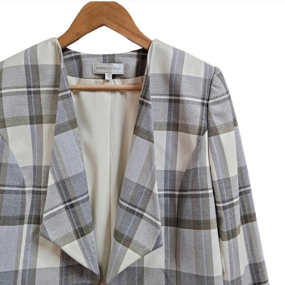 Katherine Kelly Plaid Neutral Crop Open Front Professional Blazer Jacket Size 6 - Picture 7 of 12